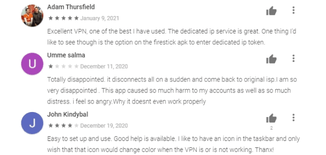 Private Internet Access GooglePlay store reviews
