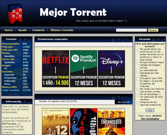 Homepage of MejorTorrent, top Spanish torrent site