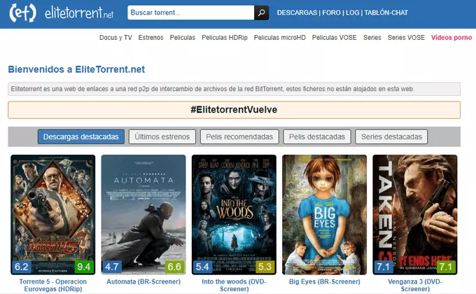 Screenshot of the original EliteTorrent website