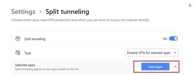 Step 5. Select specific apps for split tunneling