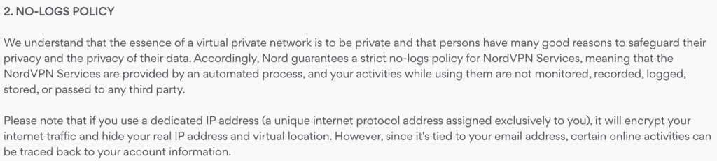 NordVPN No Logs Policy in Terms of Service