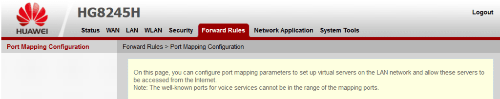 Step 2. Router's Port Forwarding settings panel