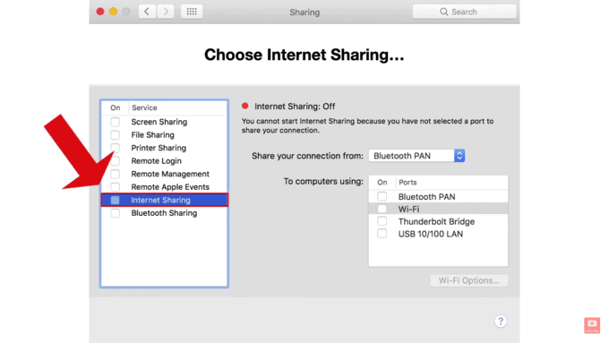 Internet Sharing Settings on MacOS