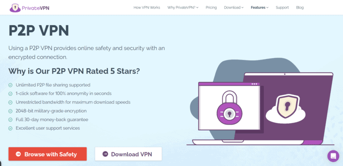 PrivateVPN P2P VPN page