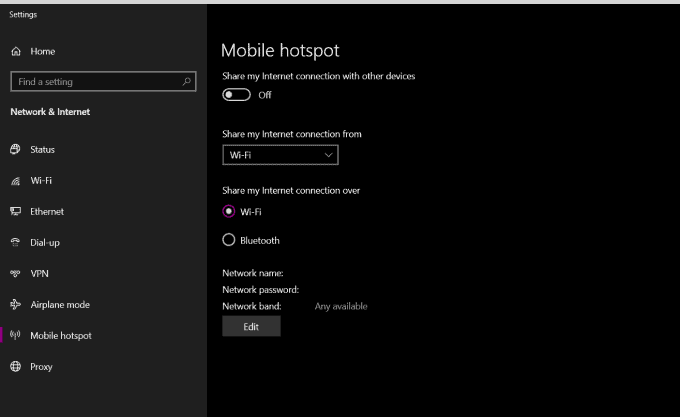 Windows Hotspot settings