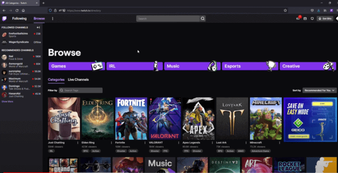 Game list screen on twitch using Surfshark