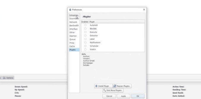 Deluge settings screen