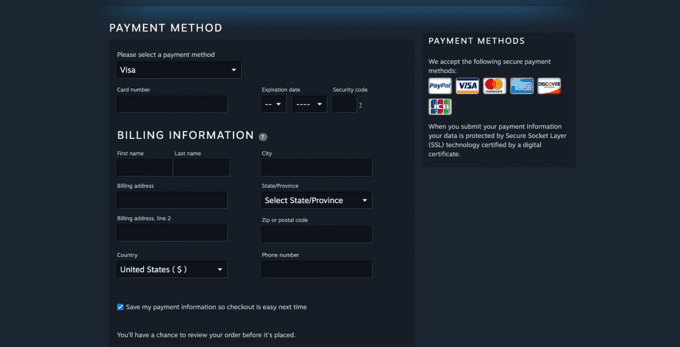 Steam payment method settings