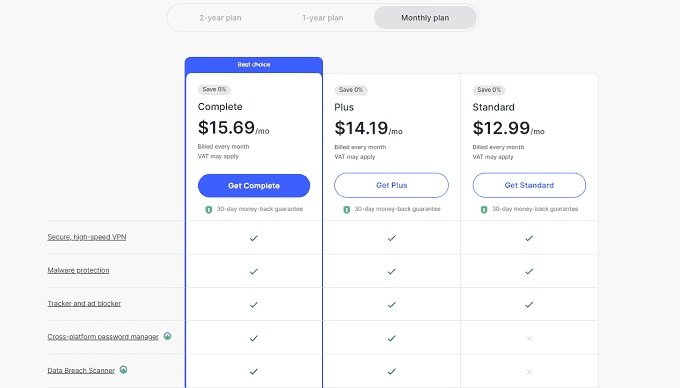 NordVPN pricing selection screen