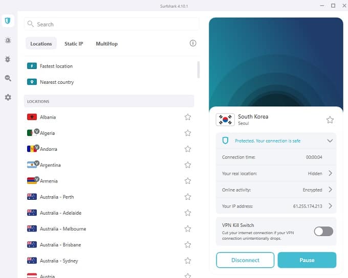 VPN connected to South Korean servers