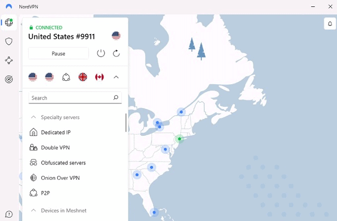NordVPN connected to a server in United States