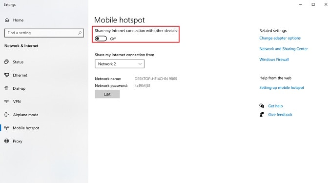 Windows Mobile Hotspot settings