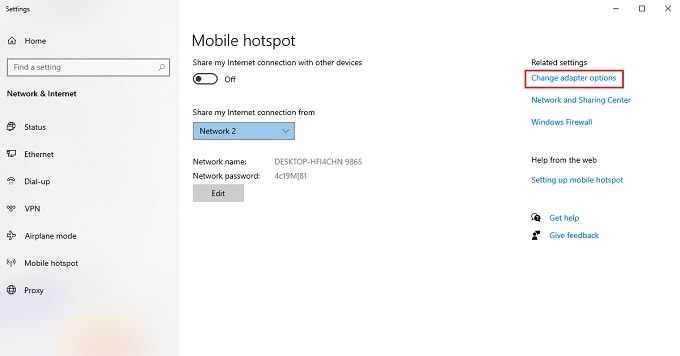 Windows Internet Adapter settings