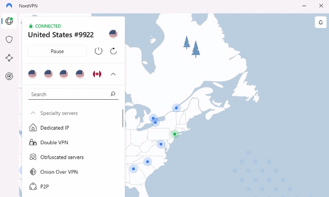NordVPN connected to a US server