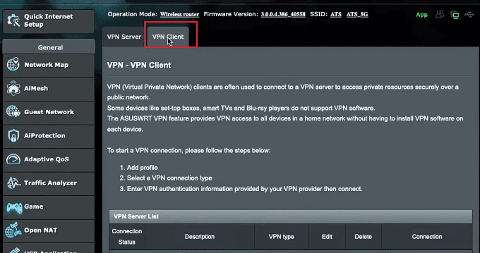 Router VPN client settings