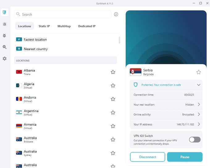Surfshark VPN app interface
