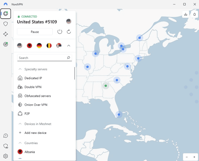 NordVPN connected to the US server