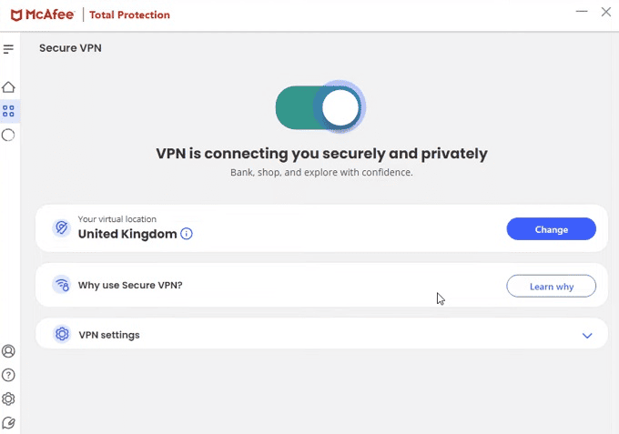 McAfee VPN app interface
