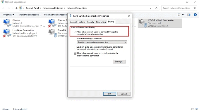 Windows network adapter sharing settings