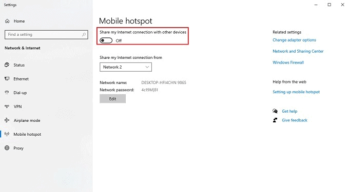 Windows Mobile hotspot settings