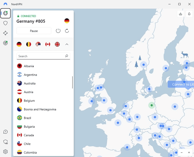 NordVPN connected to a german server