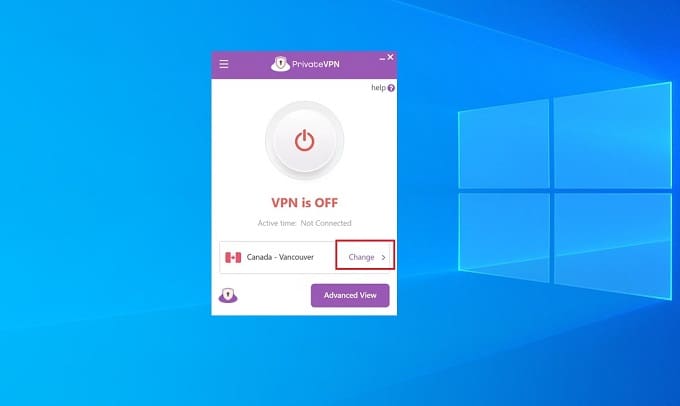 PrivateVPN app Change Server Button Selected